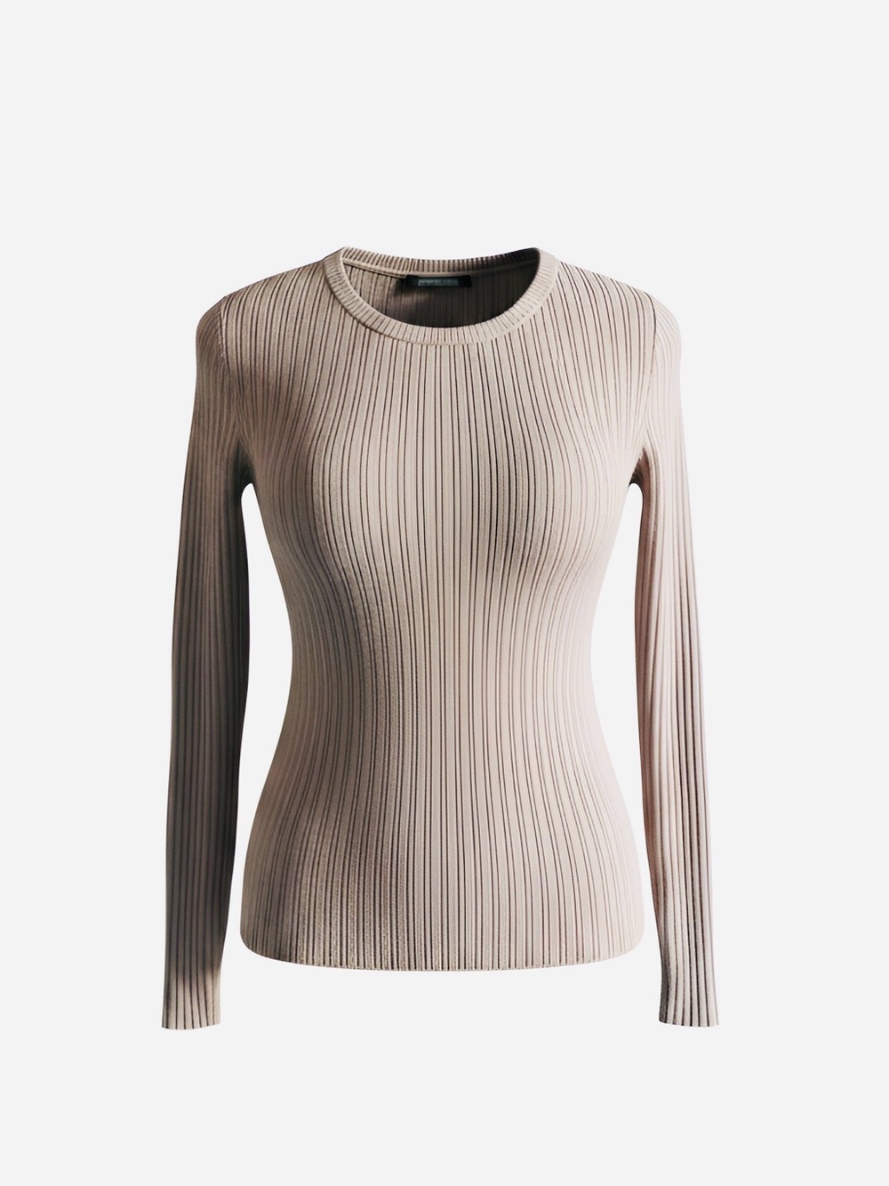 Express Light Beige Ribbed Long-Sleeve Crewneck Top - Size XS